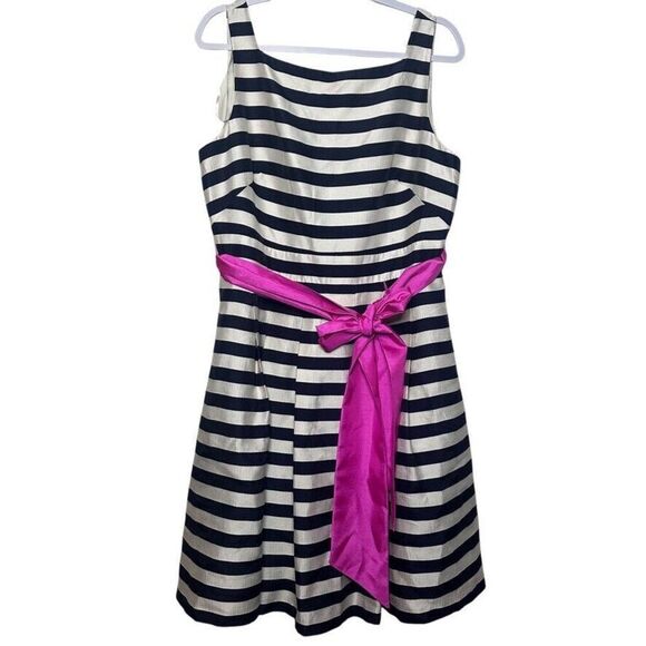 Eliza J Pleated Navy Cream Striped Fit & Flare Dress Women 14 Belted Pink Sash - Picture 1 of 7